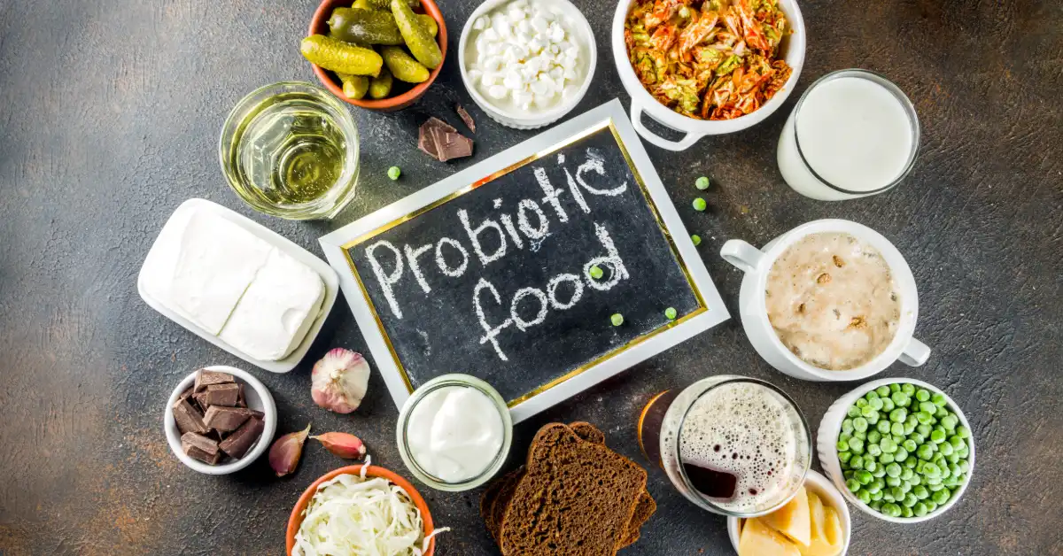 A variety of fermented foods including kimchi, yogurt, pickles, and kombucha displayed on a wooden table for gut health
